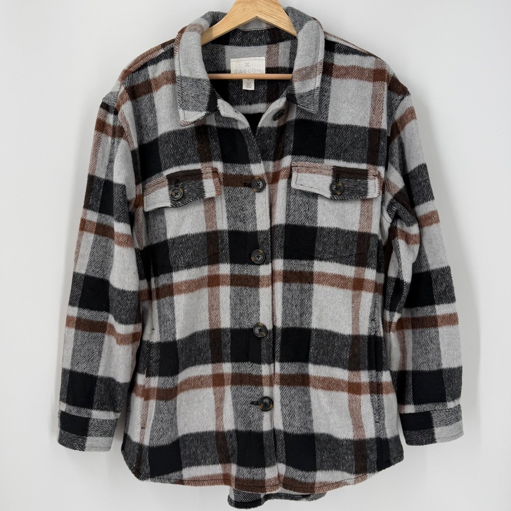 Caslon Womens XL Plaid Flannel Shirt Jacket Grey Black Brown Shacket Button Up